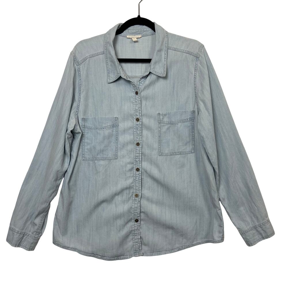 Eileen Fisher Blue Chambray Button Front Long Sleeve Casual Preppy Shirt Size XL